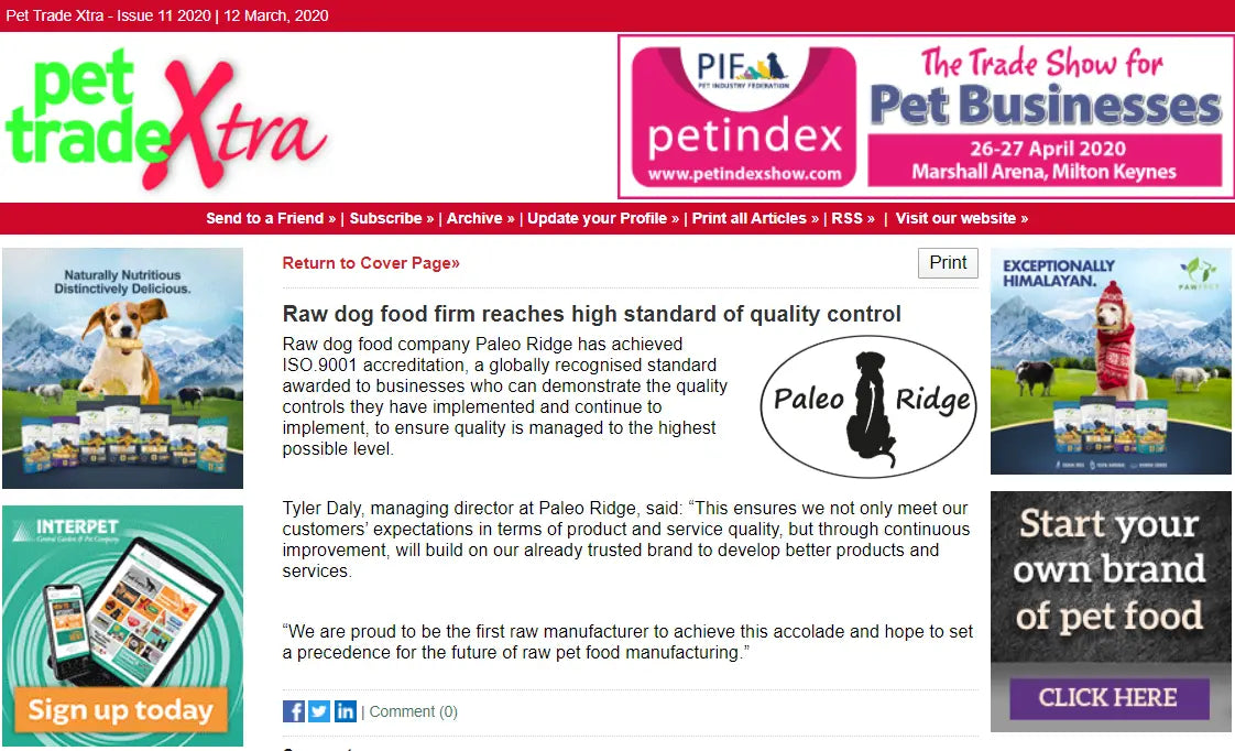 Paleo Ridge Awarded ISO9001 - Pet Extra News