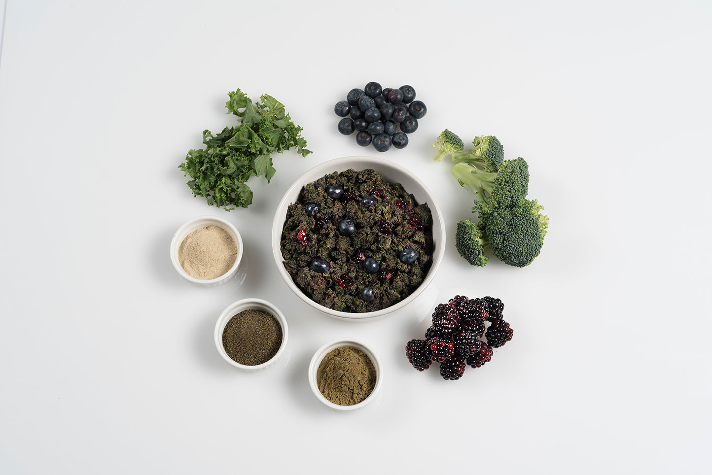 A white bowl filled with a greenish powder and berries, surrounded by small piles of blueberries, kale, broccoli, blackberries, and three small bowls of different powders—ingredients often found in premium raw dog food—are all arranged beautifully on a white background.