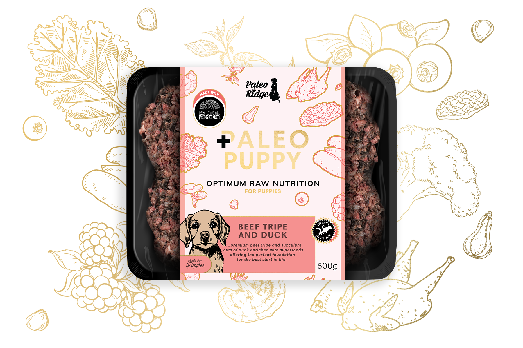 A plastic tray of Paleo Ridge Paleo Puppy Beef Tripe and Duck (500g) raw dog food, featuring illustrations of meat cuts and a puppy on a light background with outlined fruits and vegetables. This wholesome product is specially formulated to provide optimal nutrition for growing pups.
