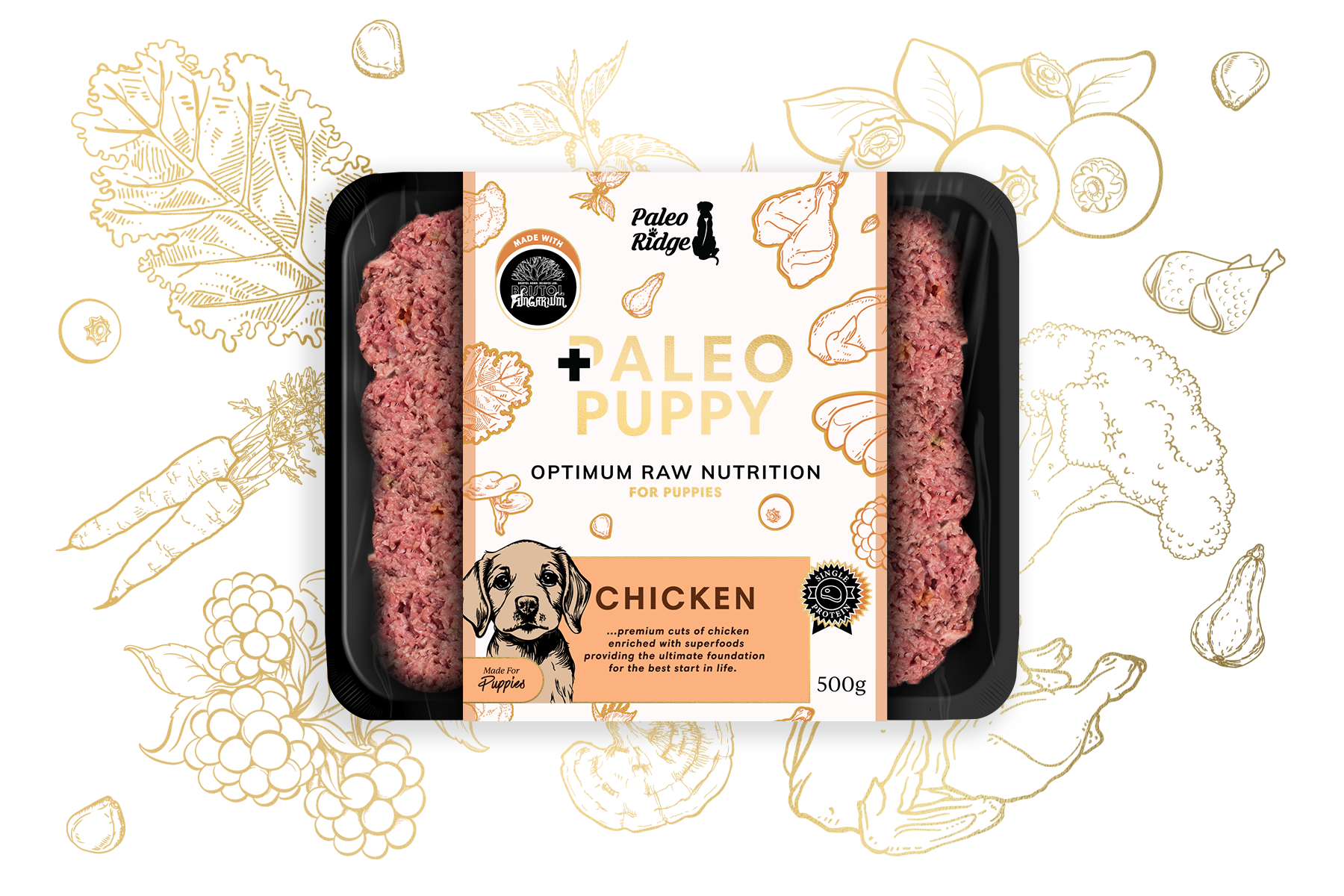 A 500g tray of Paleo Ridge Paleo Puppy Chicken raw dog food for puppies, featuring an illustrated label with a dog, chicken, and nutrition information set against a backdrop of food illustrations—expertly crafted by Paleo Ridge as the ideal meal to support your growing puppy.