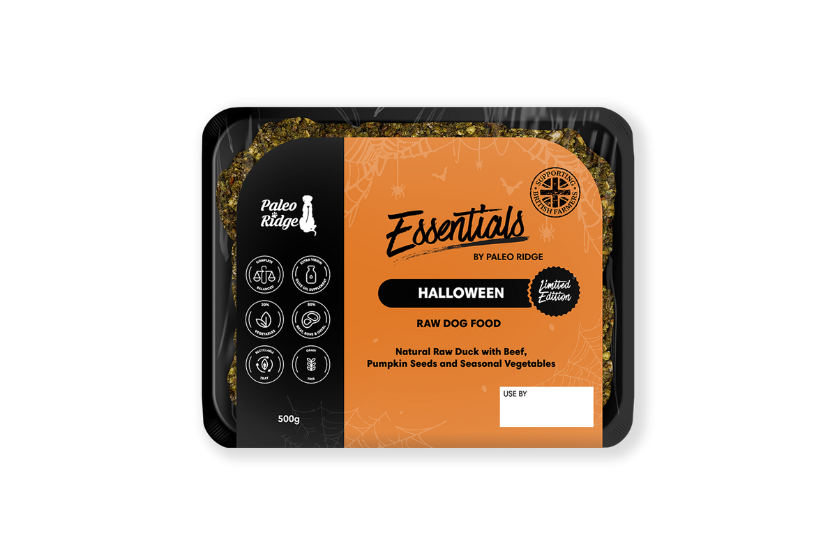 A 500g pack of Paleo Ridge Limited Edition Essentials Halloween raw dog food featuring beef, pumpkin seeds, and vegetables. This product comes in festive orange and black packaging with spider web graphics and includes a use-by date label.