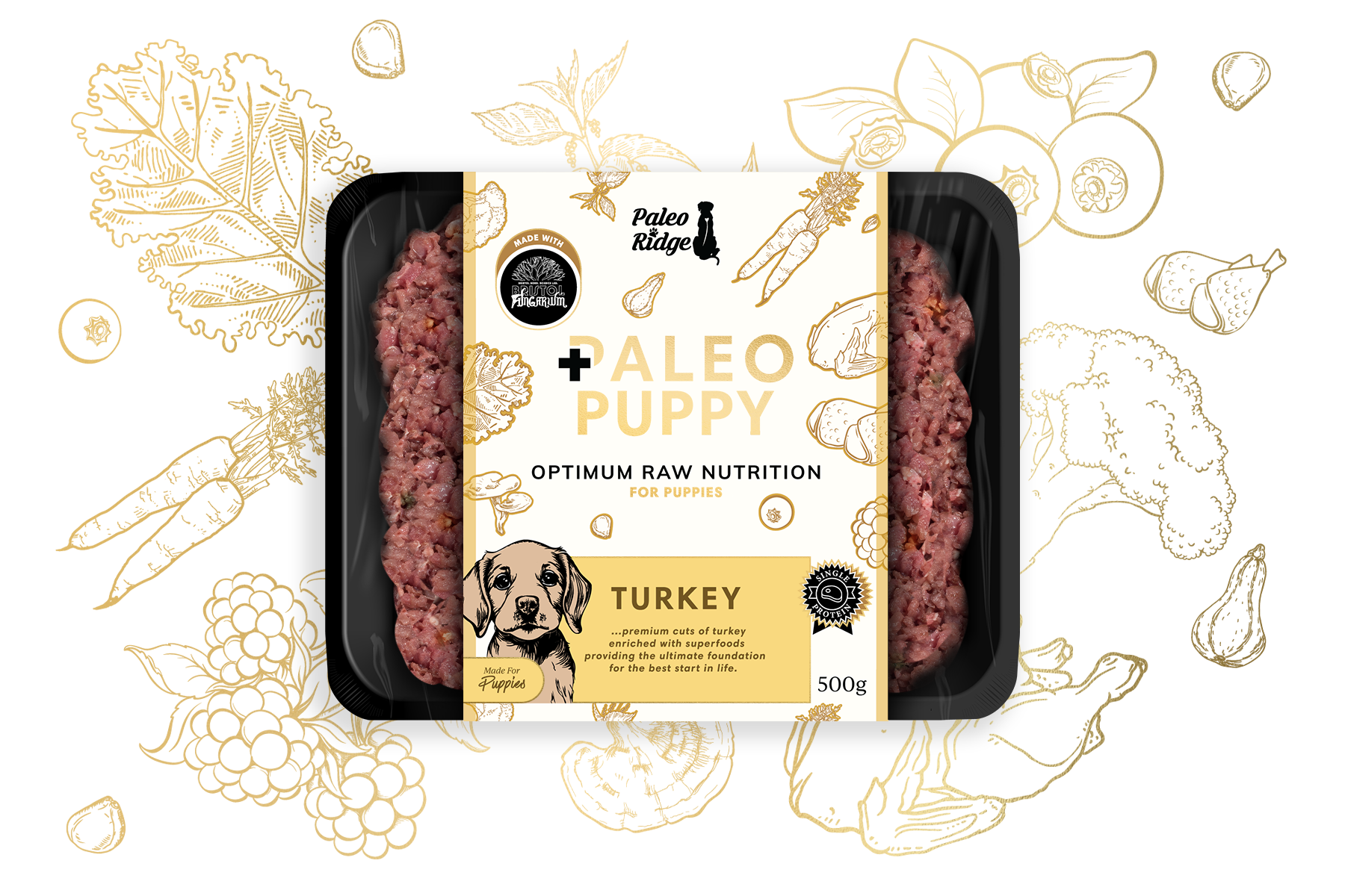 A 500g pack of Paleo Ridge Paleo Puppy Turkey raw dog food comes in a black tray with an illustrated label featuring a charming puppy drawing and natural food icons. This single-protein meal, formulated specifically for puppies, offers high-quality ingredients to give your growing pup a wholesome and nutritious start in life.